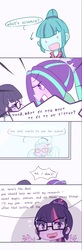 Size: 777x2370 | Tagged: safe, artist:yuck, aria blaze, sci-twi, sonata dusk, sugarcoat, twilight sparkle, human, equestria girls, g4, blushing, clothes, comic, dialogue, female, for science, glasses, implied lesbian, implied shipping, implied twinata, simple background, text