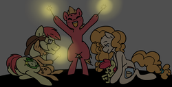 Size: 2428x1229 | Tagged: safe, artist:/d/non, apple bloom, applejack, big macintosh, bright mac, pear butter, earth pony, pony, g4, the perfect pear, 30 minute art challenge, apple family, female, fireworks, male, ship:brightbutter, shipping, sparkler (firework), straight