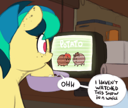 Size: 720x606 | Tagged: safe, artist:shinodage, oc, oc only, oc:apogee, pegasus, pony, animated, bowl, cereal, delta vee's junkyard, ear freckles, female, food, freckles, gif, milk, potato pony, television, watching tv
