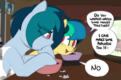 Size: 1280x843 | Tagged: safe, artist:shinodage, oc, oc only, oc:apogee, oc:delta vee, pegasus, pony, bowl, cereal, clothes, delta vee's junkyard, female, filly, foal, food, freckles, grumpy, happy, milk, potato pony, shirt, single panel, television, watching tv