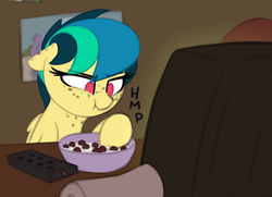 Size: 1280x925 | Tagged: safe, artist:shinodage, oc, oc only, oc:apogee, earth pony, pony, bowl, cereal, delta vee's junkyard, ear freckles, female, filly, floppy ears, food, freckles, grumpy, paper towels, remote, scrunchy face, single panel, television