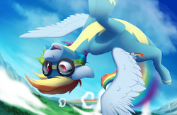 Size: 2550x1650 | Tagged: safe, artist:silentwulv, rainbow dash, pegasus, pony, g4, clothes, female, flying, goggles, mare, open mouth, solo, uniform, wonderbolts uniform