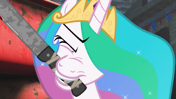 Size: 1280x720 | Tagged: safe, artist:2snacks, princess celestia, alicorn, pony, two best sisters play, g4, bust, eyes closed, faic, female, machete, mare, mouth hold, portrait, solo, weapon, youtube link