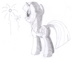 Size: 1678x1373 | Tagged: safe, artist:aafh, twilight sparkle, pony, unicorn, g4, female, fireworks, monochrome, solo, traditional art