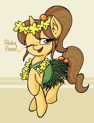 Size: 607x794 | Tagged: safe, artist:plunger, aloha, oc, oc only, pony, unicorn, g4, 4chan, clothes, dialogue, drawthread, flower, grass skirt, hawaiian, hula, lei, offscreen character, one eye closed, ponytail, skirt, solo, wink