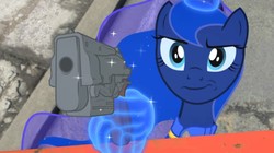 Size: 850x476 | Tagged: safe, artist:2snacks, princess luna, pony, two best sisters play, g4, 10mm pistol, clothes, fallout, fallout 4, female, gun, jumpsuit, reaction image, solo, vault suit, weapon, youtube link