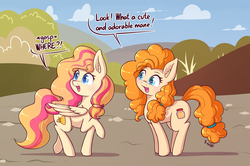 Size: 2408x1600 | Tagged: safe, artist:dsp2003, pear butter, oc, oc:bombshell, earth pony, pegasus, pony, g4, the perfect pear, blushing, cloud, comic, cute, duo, female, gasp, heart, heart eyes, mare, oblivious, open mouth, single panel, wingding eyes