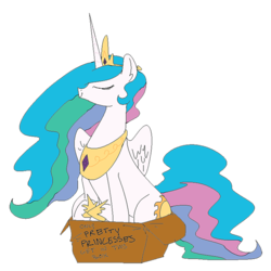Size: 750x750 | Tagged: safe, artist:nobody, color edit, edit, princess celestia, alicorn, pony, g4, accessory, behaving like a cat, box, cardboard box, colored, crown, cute, cutelestia, ear fluff, eyes closed, female, if i fits i sits, jewelry, mare, pony in a box, pretty princess, regalia, sillestia, silly, silly pony, simple background, sitting, smiling, solo, tiara, transparent background