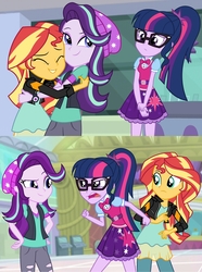 Size: 1426x1920 | Tagged: safe, artist:spottedlions, sci-twi, starlight glimmer, sunset shimmer, trixie, twilight sparkle, equestria girls, equestria girls specials, g4, mirror magic, eyes closed, female, glasses, hat, jealous, lesbian, magical quartet, magical quintet, magical trio, open mouth, sci-twi outfits, ship:sci-twishimmer, ship:sunsetsparkle, shipping, shipping war, teary eyes