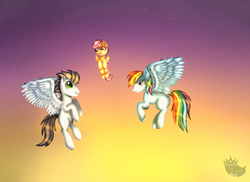 Size: 2879x2091 | Tagged: safe, artist:blinkingpink, rainbow dash, scootaloo, soarin', pony, g4, female, flying, high res, male, scootaloo can fly, scootalove, ship:soarindash, shipping, siblings, sisters, straight, sunset