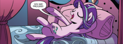 Size: 1810x654 | Tagged: safe, artist:brendahickey, starlight glimmer, pony, unicorn, g4, idw, legends of magic, spoiler:comic, spoiler:comiclom4, bed, bedroom, context is for the weak, cropped, crossed legs, dialogue, eyes closed, female, mare, on back, on bed, open mouth, out of context, pillow, proceed, smiling, solo, underhoof