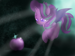 Size: 1024x768 | Tagged: safe, artist:andromedasparkz, starlight glimmer, bat pony, pony, g4, apple, bat ponified, colored pupils, crepuscular rays, female, food, mare, race swap, solo