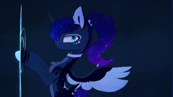 Size: 1801x1012 | Tagged: safe, artist:magnaluna, princess luna, alicorn, pony, g4, alternate hairstyle, chest fluff, collar, curved horn, ear fluff, female, galaxy mane, horn, looking at you, mare, ponytail, portal, simple background, solo