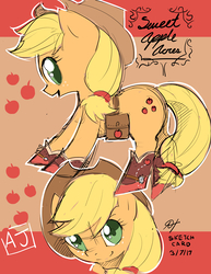 Size: 3400x4400 | Tagged: safe, artist:alts-art, applejack, earth pony, pony, g4, abstract background, boots, colored pupils, cowboy boots, female, high res, mare, saddle bag, shoes, smiling, solo