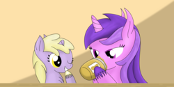 Size: 2688x1344 | Tagged: safe, artist:dinkyuniverse, amethyst star, dinky hooves, sparkler, pony, unicorn, g4, chest fluff, cute, eating, female, filly, food, giggling, grin, jar, licking, mare, messy eating, one eye closed, peanut, peanut butter, siblings, simple background, sisterly sparkler, sisters, smiling, that pony sure loves peanut butter, unshorn fetlocks