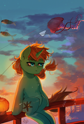 Size: 1024x1510 | Tagged: safe, artist:asianpony, oc, oc only, pony, unicorn, kite, railing, solo