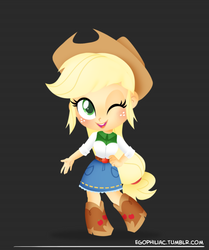 Size: 790x946 | Tagged: safe, artist:egophiliac, applejack, equestria girls, g4, chibi, cute, female, jackabetes, one eye closed, smiling, solo, wink