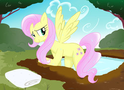 Size: 3509x2550 | Tagged: safe, artist:neoshrek, fluttershy, pony, g4, blushing, female, high res, mud, solo, sweat, towel, water