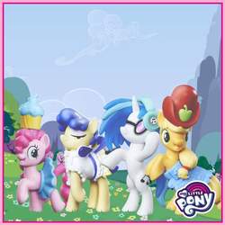 Size: 800x800 | Tagged: safe, applejack, dj pon-3, pinkie pie, sapphire shores, vinyl scratch, pony, g4, official, female, irl, my little pony logo, photo, toy