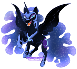 Size: 1391x1261 | Tagged: safe, artist:celestial-biohazard, nightmare moon, alicorn, pony, g4, fangs, female, looking at you, mare, raised hoof, simple background, solo, spread wings, transparent background, wings