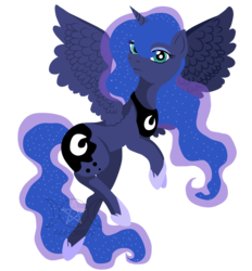 Size: 1263x1359 | Tagged: safe, artist:ningyouclariosis, princess luna, alicorn, pony, g4, female, flying, missing accessory, simple background, solo, spread wings, transparent background, wings