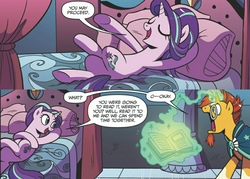 Size: 2689x1920 | Tagged: safe, idw, starlight glimmer, sunburst, pony, unicorn, g4, legends of magic #4, my little pony: legends of magic, bed, book, comic, dialogue, duo, eyes closed, female, innuendo, levitation, magic, male, mare, on back, open mouth, pillow, proceed, shipping fuel, smiling, stallion, telekinesis, underhoof