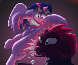 Size: 4541x3811 | Tagged: safe, artist:firefanatic, tempest shadow, twilight sparkle, alicorn, pony, unicorn, g4, my little pony: the movie, absurd resolution, angry, broken horn, drool, eye scar, faic, female, fight, floppy ears, hitting, horn, mare, missing teeth, punch, scar, twilight sparkle (alicorn)