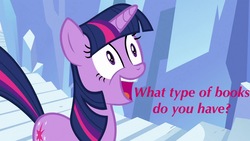 Size: 1280x720 | Tagged: safe, screencap, twilight sparkle, pony, unicorn, g4, book, bookhorse, cute, dialogue, female, mare, open mouth, smiling, solo, text, that pony sure does love books, twilight fuel, unicorn twilight