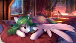 Size: 1920x1080 | Tagged: safe, artist:discordthege, princess celestia, alicorn, pony, g4, bed, bedroom, cute, cutelestia, female, mare, missing accessory, one eye closed, prone, smiling, solo, tablet