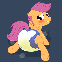 Size: 1800x1800 | Tagged: safe, artist:fillyscoots42, scootaloo, pegasus, pony, g4, blushing, crinkleloo, cute, cutealoo, diaper, diaper butt, diaper fetish, diaper usage, diaperloo, embarrassed, female, fetish, filly, foal, non-baby in diaper, pissing, poof, poofy diaper, soaked diaper, solo, underhoof, urine, used diaper, using diaper, wet diaper