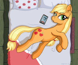Size: 1200x1000 | Tagged: safe, artist:negasun, applejack, earth pony, pony, g4, bed, bedroom, cellphone, female, freckles, mare, morning ponies, phone, smartphone, solo