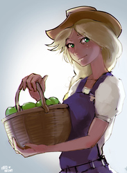 Size: 876x1200 | Tagged: safe, artist:hardbrony, applejack, human, g4, apple, basket, clothes, cowboy hat, female, food, freckles, hat, humanized, overalls, smiling, solo, stetson