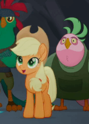 Size: 360x500 | Tagged: safe, screencap, applejack, lix spittle, mullet (g4), earth pony, parrot pirates, pony, g4, my little pony: the movie, animated, bouncing, cropped, cute, female, gif, happy, jackabetes, mare, open mouth, pirate, pronking, smiling, solo focus