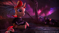 Size: 9600x5400 | Tagged: safe, artist:imafutureguitarhero, sunset shimmer, twilight sparkle, alicorn, pony, unicorn, g4, 3d, absurd resolution, adidas, barren, clothes, dead bush, dead tree, duo, female, film grain, hoodie, horn, lying, mare, mountain, multicolored mane, multicolored tail, nose wrinkle, open mouth, outdoors, post-apocalyptic, sad, sitting, source filmmaker, struggling, text, tracksuit, tree, twilight sparkle (alicorn), wasteland, windswept mane, wings