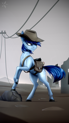 Size: 1080x1920 | Tagged: safe, artist:justafallingstar, oc, oc only, oc:p-21, earth pony, pony, fallout equestria, fallout equestria: project horizons, bag, hat, male, stallion