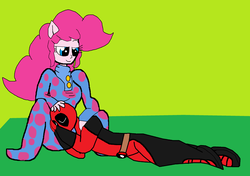 Size: 3112x2192 | Tagged: safe, artist:alvaxerox, pinkie pie, equestria girls, g4, clothes, crossover, crossover shipping, cuddling, deadpool, female, footed sleeper, high res, male, misleading thumbnail, pajamas, pinkiepool (pairing), shipping, sleeping, straight