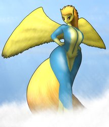Size: 829x965 | Tagged: safe, artist:drakonst, spitfire, anthro, g4, big breasts, breasts, busty spitfire, female, hand on hip, hips, huge breasts, smiling, solo