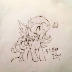 Size: 1280x1280 | Tagged: safe, artist:hedwig-castle, fluttershy, butterfly, pony, g4, female, looking at something, monochrome, profile, smiling, solo, spread wings, standing, traditional art, turned head, wings