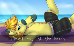 Size: 1280x805 | Tagged: dead source, safe, artist:evomanaphy, oc, oc only, oc:yaktan, pony, armpits, beach, clothes, male, simple background, solo, swimming trunks, swimsuit, towel, trunks