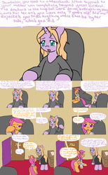 Size: 2400x3900 | Tagged: safe, scootaloo, oc, oc:psyche, pony, comic:ask motherly scootaloo, g4, clothes, comic, couch, crying, desk, document, high res, motherly scootaloo, psyche-phd, sweatshirt, therapist