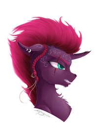 Size: 1800x2300 | Tagged: safe, artist:skitsroom, tempest shadow, pony, unicorn, g4, my little pony: the movie, alternate hairstyle, angry, badass, broken horn, chest fluff, ear piercing, earring, eye scar, female, horn, jewelry, mare, piercing, scar, simple background, solo, tattoo, white background