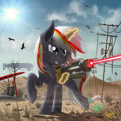 Size: 2500x2500 | Tagged: safe, artist:duskie-06, oc, oc only, oc:velvet remedy, bird, pony, unicorn, fallout equestria, airship, cloud, energy weapon, fallout 4, fanfic, fanfic art, female, fluttershy medical saddlebag, glowing, glowing horn, gritted teeth, gun, high res, hooves, horn, laser, laser gun, laser rifle, levitation, magic, magical energy weapon, mare, medical saddlebag, outdoors, power line, prydwen, raised hoof, saddle bag, sky, solo, sun, teeth, telekinesis, wasteland, weapon, zeppelin