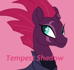 Size: 1109x1058 | Tagged: safe, artist:cunningjanja, tempest shadow, pony, unicorn, g4, my little pony: the movie, broken horn, eye scar, female, horn, mare, pink background, scar, simple background, solo