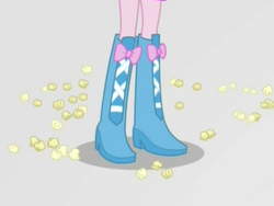 Size: 2048x1536 | Tagged: safe, screencap, pinkie pie, equestria girls, equestria girls specials, g4, mirror magic, boots, clothes, female, food, high heel boots, legs, mirror world, pictures of legs, popcorn, shoes, solo
