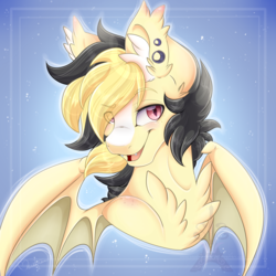 Size: 1600x1600 | Tagged: safe, artist:pvrii, oc, oc only, bat pony, pony, fangs, hair over one eye, male, simple background, slit pupils, smiling, solo, stallion