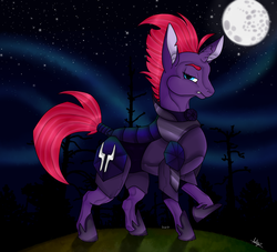 Size: 1100x1000 | Tagged: safe, artist:sinister-toaster, tempest shadow, pony, unicorn, g4, my little pony: the movie, armor, broken horn, eye scar, female, horn, mare, moon, night, scar, solo