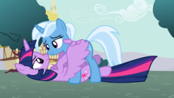 Size: 1191x670 | Tagged: safe, artist:csillaghullo, artist:themexicanpunisher, artist:zacatron94, trixie, twilight sparkle, alicorn, pony, unicorn, g4, alternate hairstyle, cloud, female, hug, lesbian, looking at each other, lula, mare, outdoors, ponyville, ship:twixie, shipping, sky, smiling, tree, twilight sparkle (alicorn), wing hands, winghug