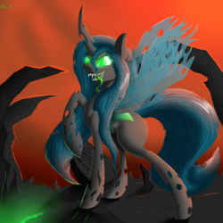 Size: 3200x3200 | Tagged: safe, artist:kirasunnight, queen chrysalis, changeling, changeling queen, g4, drool, evil grin, fangs, female, glowing eyes, grin, high res, raised hoof, smiling, solo, tongue out