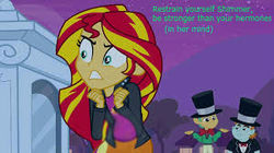 Size: 300x168 | Tagged: safe, edit, edited screencap, screencap, snails, snips, sunset shimmer, comic:a new change, equestria girls, g4, my little pony equestria girls, bad edit, fanfic, implied hormones, implied mood swing, picture for breezies, pregnant, pregnant edit, teen pregnancy
