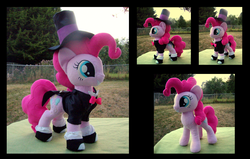 Size: 1679x1069 | Tagged: safe, artist:fireflytwinkletoes, pinkie pie, earth pony, pony, g4, clothes, hat, irl, photo, plushie, smiling, solo, spats, top hat, tuxedo